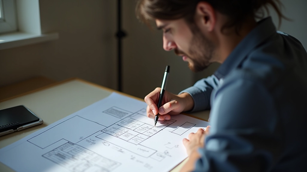 Designer che schizza wireframe di navigazione semantica su carta, mostrando la struttura HTML con elementi semantici ben organizzati