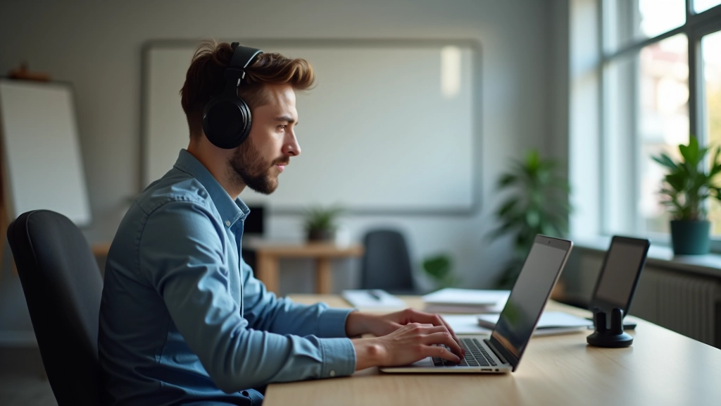 Una persona che usa un computer portatile con screen reader attivato, icone di accessibilità visibili sullo schermo